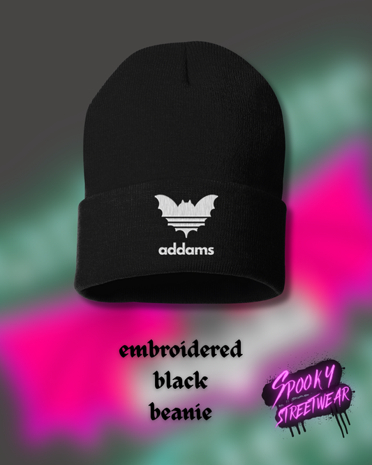Spooky Streetwear Addams Embroidered Beanie Black