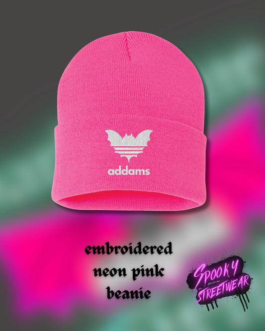 Spooky Streetwear Addams Embroidered Beanie Neon Pink