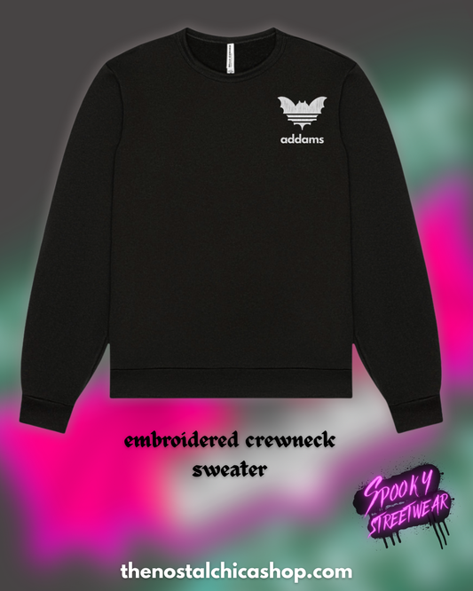 Spooky Streetwear Addams Embroidered Crewneck Sweater Black